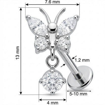Titanium Labret Butterfly With Dangle Zirconia Internally Threaded