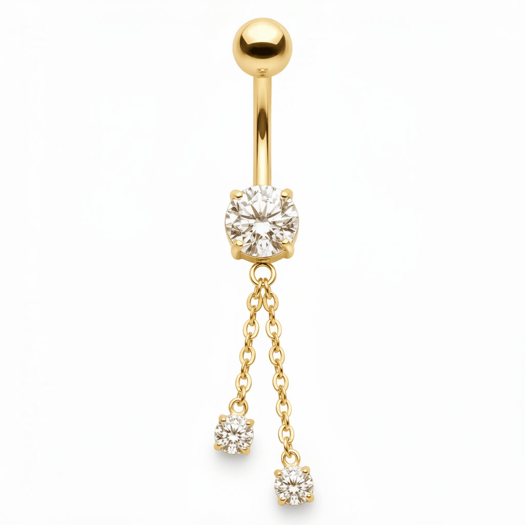 Titanium Belly Button Piercing Round Zirconia With Double Chain Internally Threaded