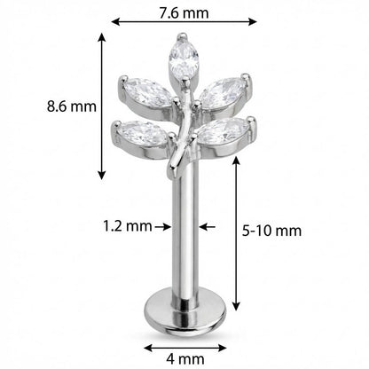 Titanium Labret Crystal Marquise Leaf Branch Internally Threaded