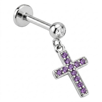 Titanium Labret Cross Dangle Zirconia Internally Threaded